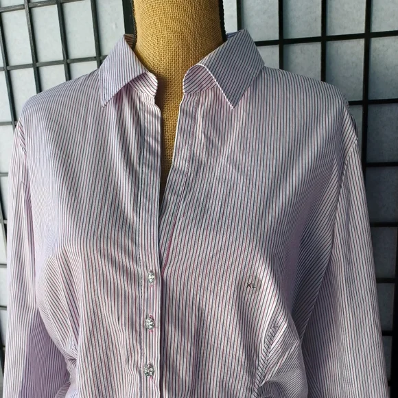 NEW YORK & COMPANY beautiful blouse with collar, striped long sleeve polo style - Picture 9 of 15